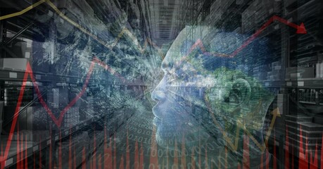 Composition of man, financial data processing with globe over stacked up shelves in warehouse
