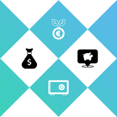 Set Money bag, Safe, Euro plant and Piggy bank icon. Vector