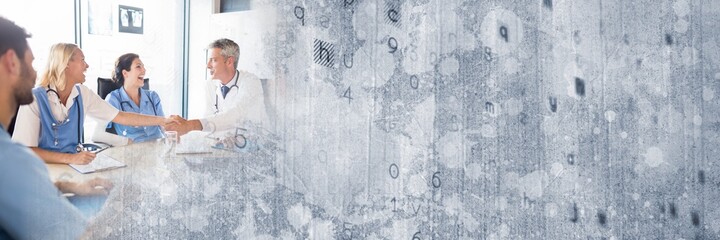 Fototapeta premium Composition of letters processing over doctors handshake in background