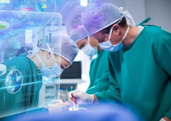 Composition of medical data processing on screen over surgeons in operating theatre