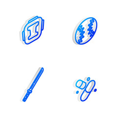 Set Isometric line Baseball ball, Boxing helmet, Japanese katana and Vitamin pill icon. Vector