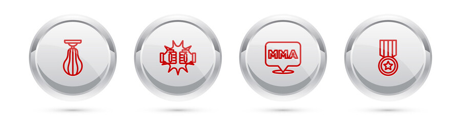 Set line Punching bag, boxing gloves, Fight club MMA and Medal. Silver circle button. Vector