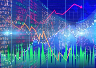 Stock market data and graphs processing over blue background, finances and economy concepts