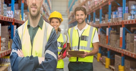 Mid section of happy caucasian worker wearing yellow vest in an warehouse in front of hid colleagues