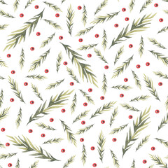 Christmas seamless pattern with spruce and fir branch with berry. Design for wrapping, packing, textile, fabric, scrapbooking, home decoration, invitation, cards
