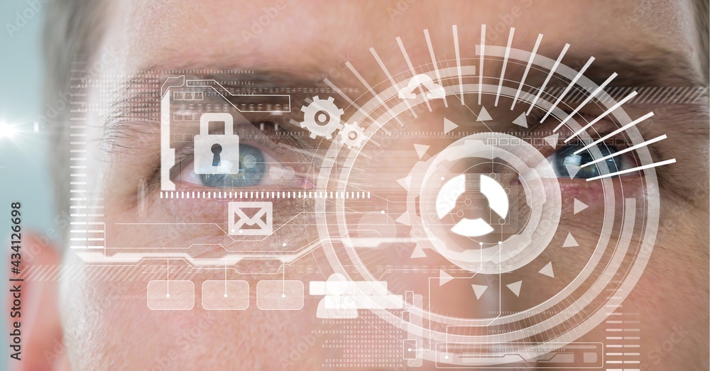 Poster composition of scope scanning data processing over man's face