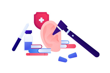 Otolaryngology consultation and deaf study concept. Vector flat medical illustration. Ear, otoscope, lab equipment, books and red shield with cross symbol. Design for health care, pharmacology.