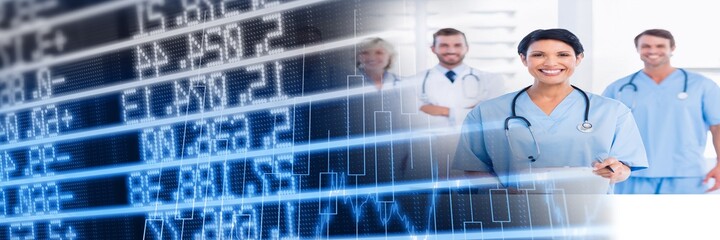 Composition of financial data processing over happy female and male doctors