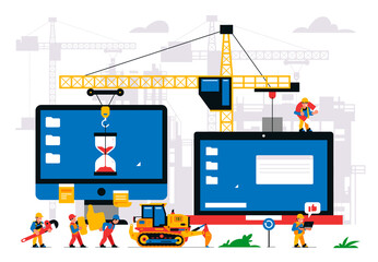 The website is under construction. Error page, maintenance. Construction site, machinery, crane, workers, computer, website, like, hourglass magnet thumbs up tools Isolated vector illustration