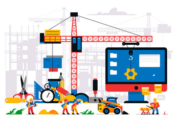 The website is under construction. Error page, maintenance. Construction site, machinery, crane, workers, computer, website, timer stopwatch hourglass magnifiertools Isolated vector illustration