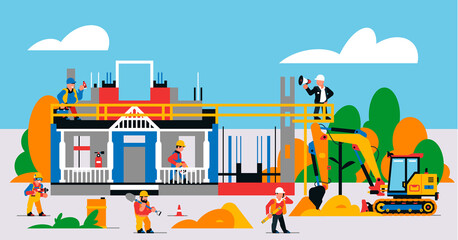 The house is under construction. Construction site with heavy machinery and workers. Builders, transport, building site, unfinished house, tools, people, sand, excavator. Vector illustration.