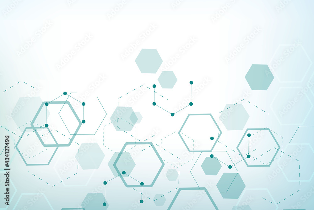 Poster science network pattern, connecting lines and dots. technology hexagons structure or molecular conne