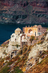 Panoramic view of Santorini in the Mediterranean Sea.