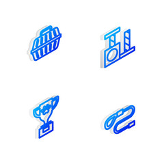 Set Isometric line Cat scratching post, Pet carry case, award and Retractable cord leash icon. Vector