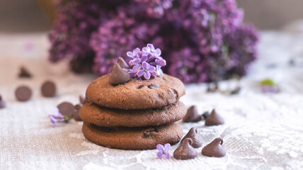 Decorative composition with a Bouquet of lilacs. Clay cup of tea and chocolate cake. A bouquet of lilacs in a vase. Spring floral background with lilacs in the interior. 