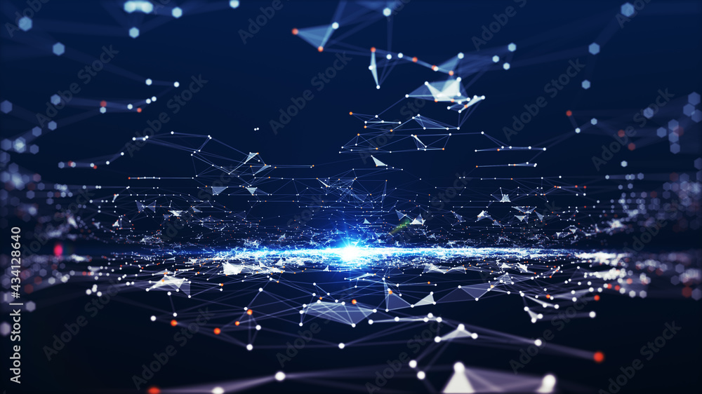 Poster Technology connection digital data and big data concept. Abstract lines and dots connect background. futuristic shape. Computer-generated abstract background. 3D rendering.
