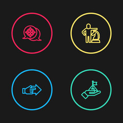 Set line Hand with pointing finger, Mountains flag, Chess and Target icon. Vector