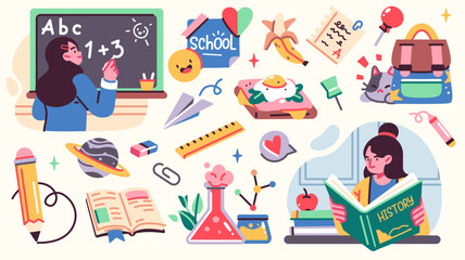 Collection of School illistrations with Cute happy children, school supplies and different decoration elements. Vector set © stonepic