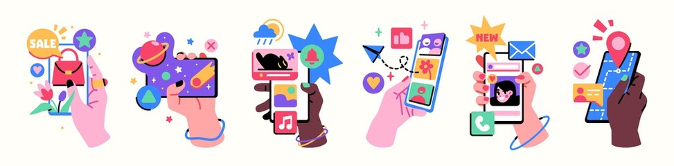 Hands holding smartphones with various applications, web sites and social networks. Communication, social networking concept. Vector Illustration