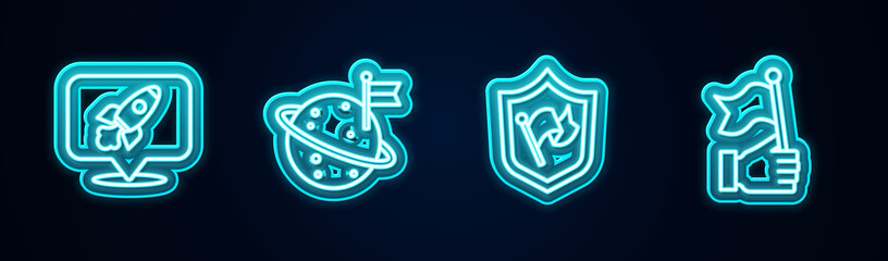 Set line Rocket ship, Moon with flag, Shield and Hand holding. Glowing neon icon. Vector