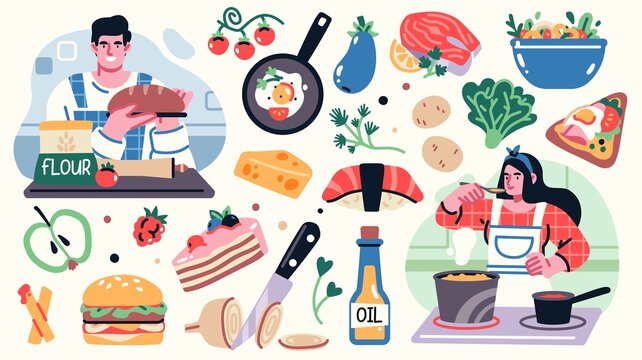 Set of illustrations related to cooking with yong man and woman on the kitchen, kitchenware, and decoration elements. Vector illustration