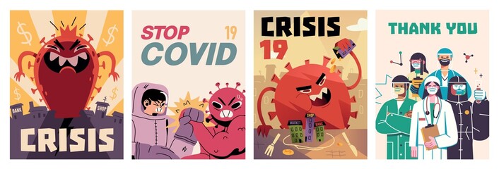 Fight with Coronavirus concept. Set of posters with illustrations of fighting with covid, corona virus. Disease campaign poster. Vector