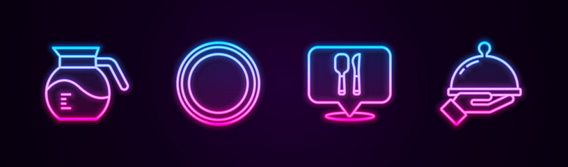 Set line Coffee pot, Plate, Cafe and restaurant location and Covered with tray food. Glowing neon icon. Vector