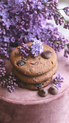 Decorative composition with a Bouquet of lilacs. Clay cup of tea and chocolate cake. A bouquet of lilacs in a vase. Spring floral background with lilacs in the interior. 