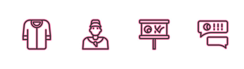 Set line Baseball t-shirt, Planning strategy, coach and Speech bubble chat baseball icon. Vector