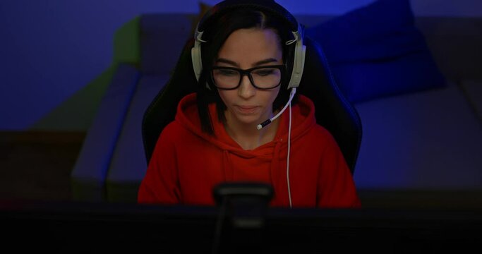 Portrait, a beautiful woman blogger in glasses sits at a computer monitor in headphones with a microphone and broadcasts online. Blogger speaks and gestures emotionally, conference on the network