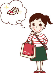 買い物袋を持ち、靴が欲しいと思う若い女性。