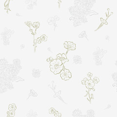 Seamless delicate vector pattern with little spring flowers and lilac blossom. Spring vintage mood. Maybe use for textile or wallpaper print, making cards, wedding invitation.