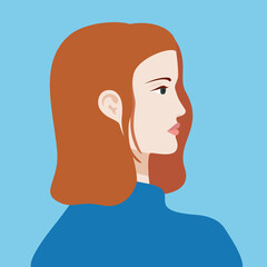  Portrait of a red haired woman in blue sweter. The head of a European girl in profile. Social Media Avatar. Vector Flat Illustration