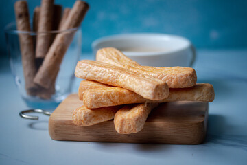 Danish Pastry and wafers on a blue background