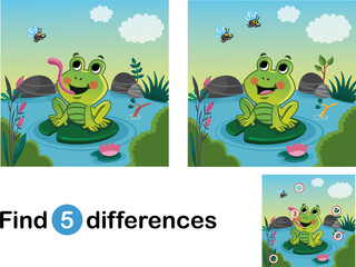 Find 5 differences education game for children. A happy frog in the nature. Educational game for kids. Vector illustration.