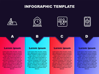 Set line Muslim man prays, Clock, No Smoking and Star and crescent. Business infographic template. Vector