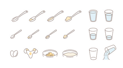 Cooking Weights and Measures for Liquid and Dry Ingredients. Typical Cooking Measuring System for Different Recipes. Flat Line Vector Illustration and Icons set. - obrazy, fototapety, plakaty