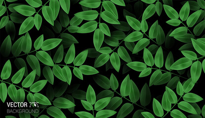 Natural Realistic pattern branch with fresh green leaves. Colorful dark background. Trendy repeat fashion print wallpaper or fabric. Cute vector.