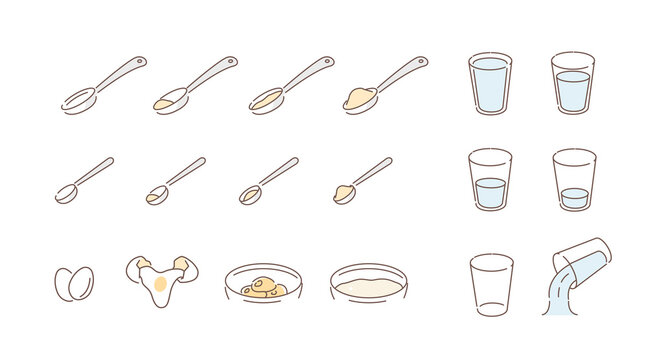 Cooking Weights and Measures for Liquid and Dry Ingredients. Typical Cooking Measuring System for Different Recipes. Flat Line Vector Illustration and Icons set.