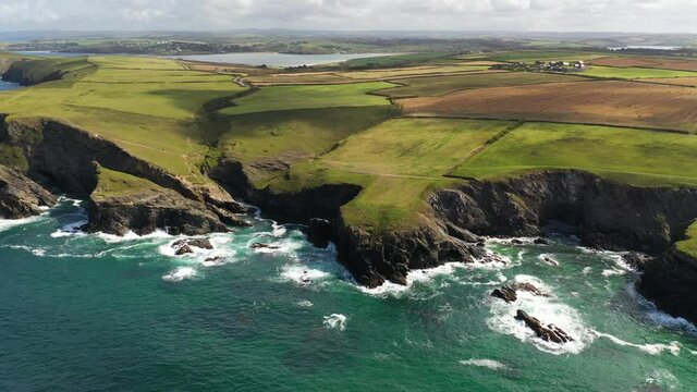 Aerial of dramatic North Cornish coastline near Padstow, Cornwall, England, United Kingdom, Europe