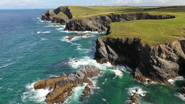 Aerial of dramatic North Cornish coastline near Padstow, Cornwall, England, United Kingdom, Europe