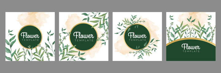 Luxury green gold floral flower leaves watercolor social media stories and post template vector set. Tropical and botanical warm earth tone square cover background collection.