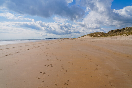 Lines of footprints lead down Drurudge Bay beach at low tide.