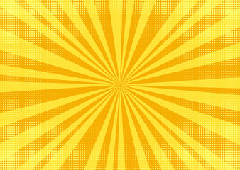 Fototapeta premium Pop art background. Comic pattern with starburst and halftone. Yellow banner with dots and beams. Cartoon retro sunburst effect. Vintage sunshine texture. Vector illustration. Funny superhero print
