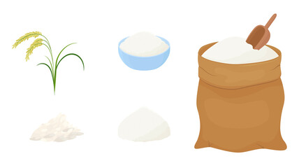 Bag of rice flour and measuring scoop isolated on white background.  Vector illustration of organic cereal meal in cartoon simple flat style.