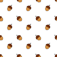 Seamless autumn pattern. Brown acorns on white background. Vector illustration.