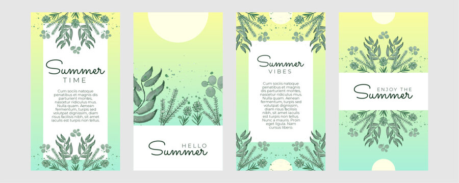 Trendy universal flower floral story templates with green watercolor leaves. Suitable for social media posts, mobile apps, cards, invitations, banners design and web/internet ads.