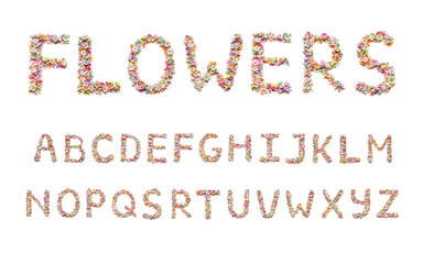 Alphabet letters, made from beautiful spring and summer flowers. Floral font.