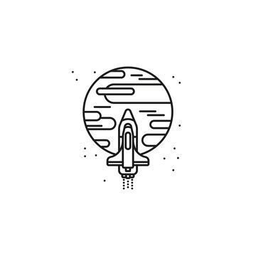 Spaceship approaching planet Mars vector line icon