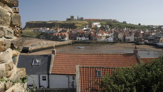 Whitby Abbey, St. Mary's Church and Esk riverside houses, Whitby, North Yorkshire, England, United Kingdom, Europe